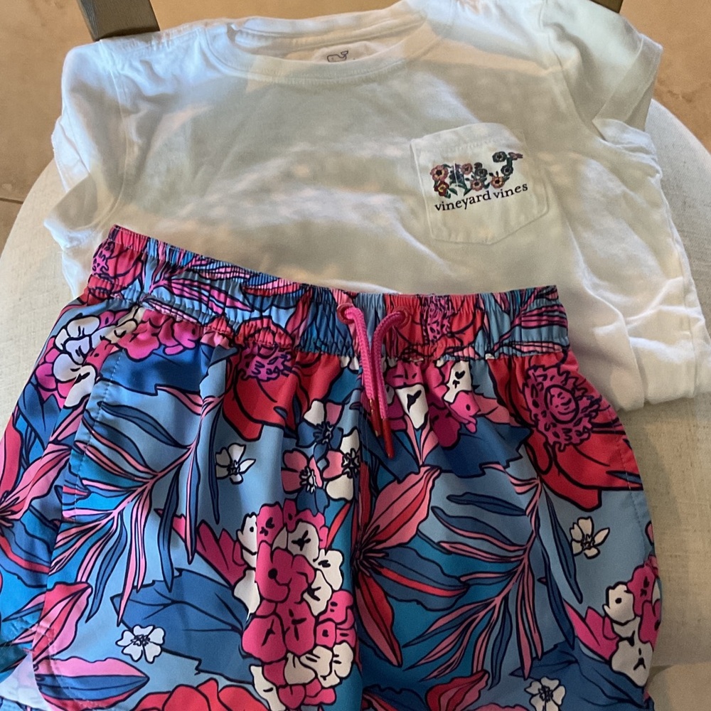 Vineyard Vines White Tee with Blue and Pink Floral Shorts
